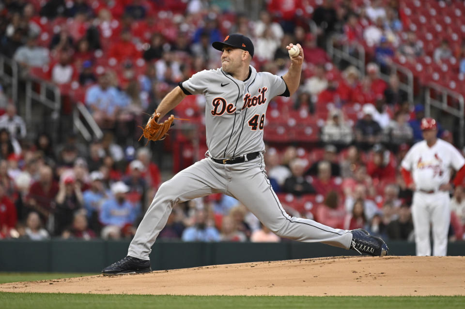 Detroit Tigers starting pitcher Matthew Boyd (48) throws against the St. Louis Cardinals during the first inning of a baseball game Friday, May 5, 2023, in St. Louis. (AP Photo/Jeff Le)