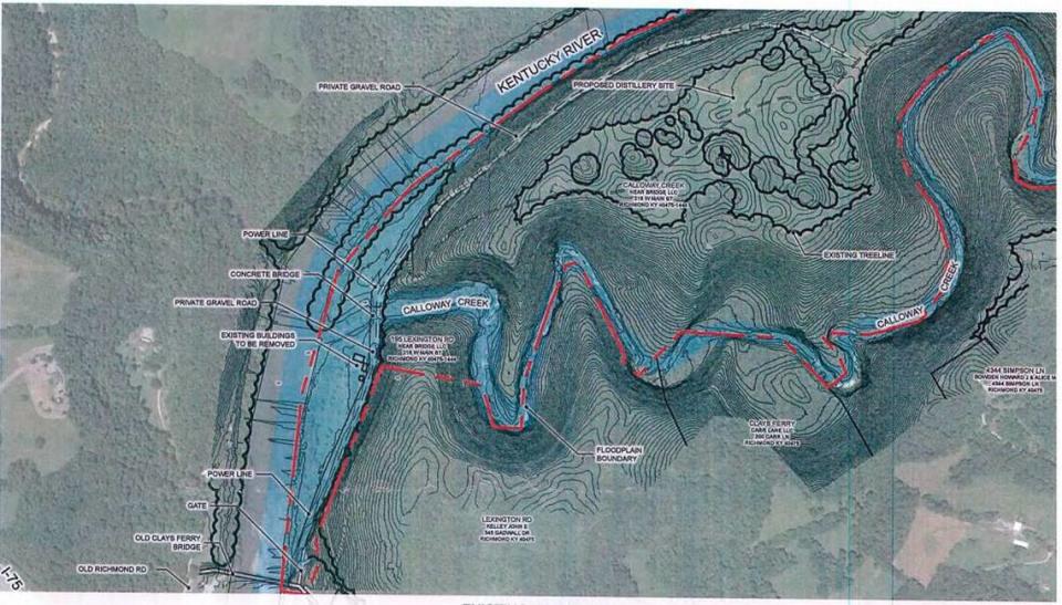 A map showing the proposed site of the Palisades Distillery in Madison County on the Kentucky River, submitted with the application for a conditional use permit.