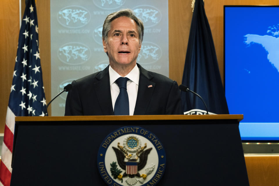 Secretary of State Antony Blinken speaks about the release of the 2021 Congressional Report Pursuant to the Elie Wiesel Genocide and Atrocities Prevention Act at the State Department in Washington, Monday, July 12, 2021. (AP Photo/Manuel Balce Ceneta, Pool)