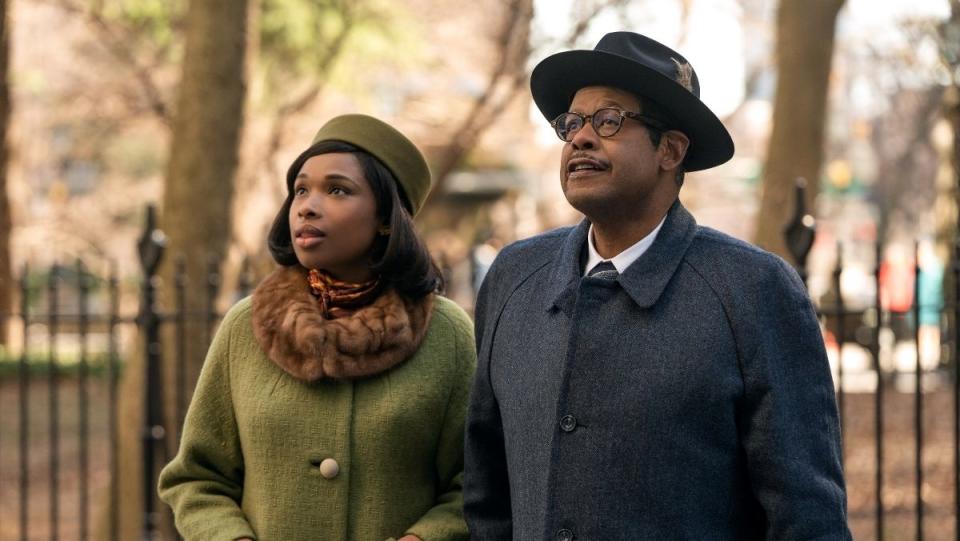 Jennifer Hudson as Aretha Franklin and Forest Whitake as Rev. CLFranklin lookig aside in a still from the film "Respect"