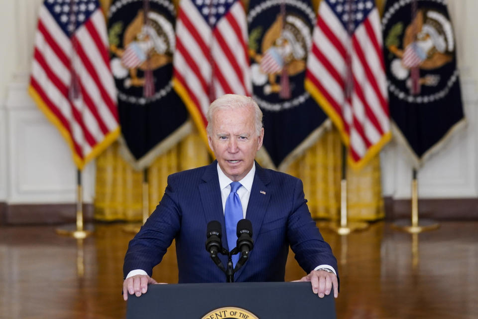 President Joe Biden delivers remarks on the economy in the East Room of the White House, Thursday, Sept. 16, 2021, in Washington. (AP Photo/Evan Vucci)