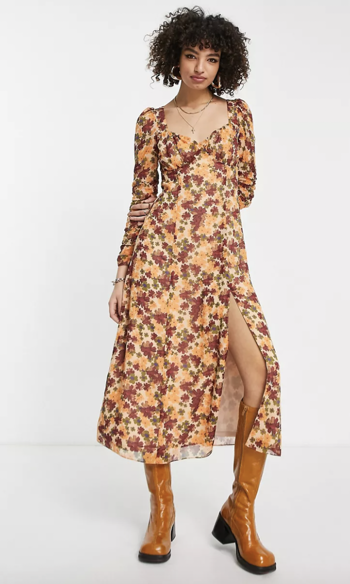 <h2>Asos Design Sweetheart Neck Ruched Midi Tea Dress In Floral Print </h2><br><strong><em>The Designated Fall Frock <br></em></strong><br><strong>The Hype:</strong> 4 out of 5 stars; 11 reviews on Asos.com <br><br>Just gazing at this sweetheart neck midi dress you'll feel like fall has arrived. The burgundy, orange, and olive green floral print exudes autumn vibes. Prepare to frolic through the fallen leaves in the upcoming months with a pair of <a href="https://www.refinery29.com/en-us/boots" rel="nofollow noopener" target="_blank" data-ylk="slk:boots" class="link ">boots</a>. <br><br>"It was a last minute decision to buy this dress for a festival and I am so glad I did," writes a reviewer. "The fabric is such good quality and it fits perfectly. It's now my favorite dress ever and I can see it lasting a really long time! The colors are so vibrant and pretty. I've received lots of compliments." <br><br><em>Shop <strong><a href="https://www.asos.com/us/women/a-to-z-of-brands/asos-design/cat/?cid=27869" rel="nofollow noopener" target="_blank" data-ylk="slk:Asos" class="link ">Asos </a></strong></em><br><br><strong>ASOS DESIGN</strong> Sweetheart Neck Ruched Midi Tea Dress In Floral Print, $, available at <a href="https://go.skimresources.com/?id=30283X879131&url=https%3A%2F%2Fwww.asos.com%2Fus%2Fasos-design%2Fasos-design-sweetheart-neck-ruched-midi-tea-dress-in-floral-print%2Fprd%2F201356300" rel="nofollow noopener" target="_blank" data-ylk="slk:ASOS" class="link ">ASOS</a>