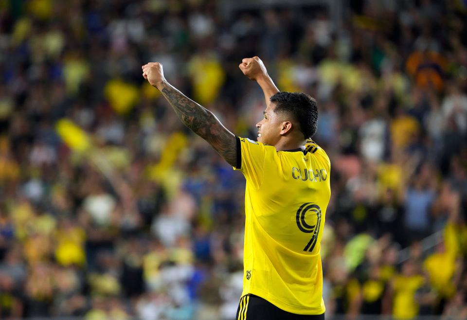 Jul 31, 2023; Columbus, OH, USA; Columbus Crew forward Cucho Hernandez (9) celebrates his penalty kick goal against Club America during the second half of the League Cup group match at Lower.com Field. 