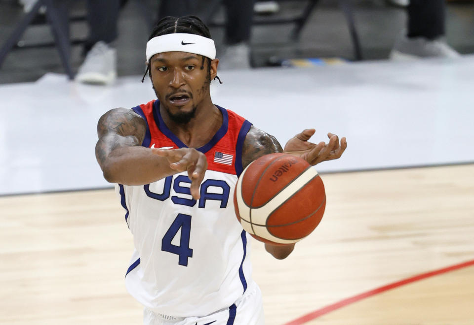 LAS VEGAS, NEVADA - JULY 10:  Bradley Beal #4 of the United States passes against Nigeria during an exhibition game at Michelob ULTRA Arena ahead of the Tokyo Olympic Games on July 10, 2021 in Las Vegas, Nevada. Nigeria defeated the United States 90-87.  (Photo by Ethan Miller/Getty Images)