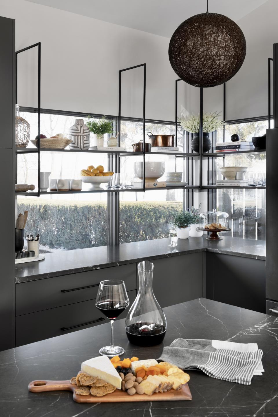 Gray open kitchen shelving