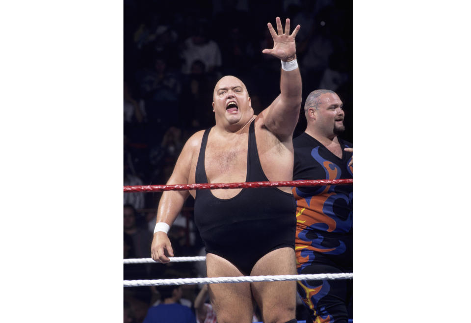 This image provided by the WWE shows professional wrestler King Kong Bundy. Promoter and longtime friend David Herro says Bundy, whose real name was Christopher Pallies, died on Monday, March 4, 2019. The 6-foot-4 (1.93 meters), 458-pound (208-kilogram) wrestler made his World Wrestling Federation debut in 1981 and was best known for facing Hulk Hogan in 1986 in a steel cage match at WrestleMania 2. (WWE via AP)