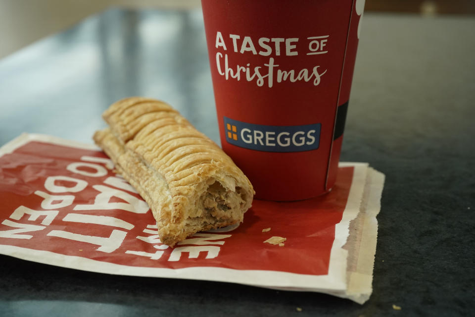 MANCHESTER, ENGLAND - JANUARY 06: In this photo illustration, a Greggs vegan sausage roll lays on a table on January 06, 2019 in Manchester, England. Greggs bakers recently launched the vegan sausage roll to compliment its popular meat sausage roll. The new vegan filling is made out of the company's own bespoke Quorn filling. (Photo Illustration by Christopher Furlong/Getty Images)