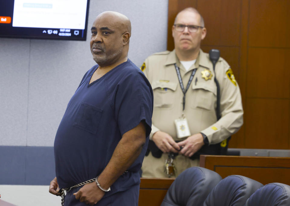 Duane “Keffe D” Davis, who is accused of orchestrating the 1996 slaying of hip-hop icon Tupac Shakur, appears in court during a status hearing at the Regional Justice Center, on Tuesday, April 23, 2024, in Las Vegas. (Bizuayehu Tesfaye/Las Vegas Review-Journal via AP)