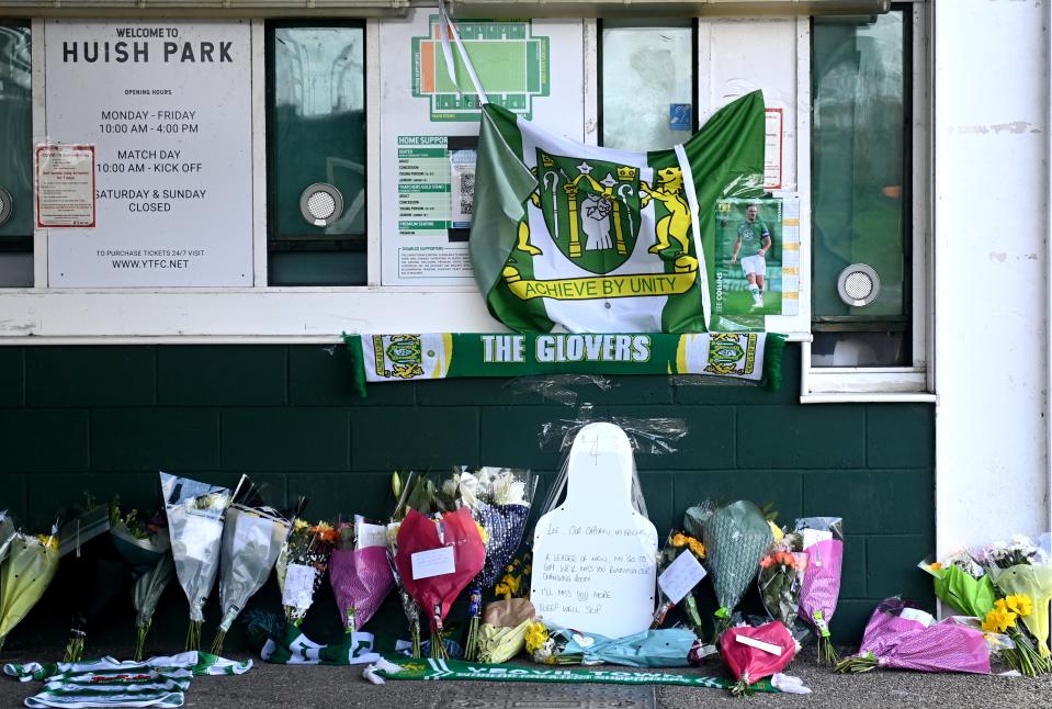 Tributes were laid outside Huish Park following his death (Simon Galloway/PA) (PA Wire)