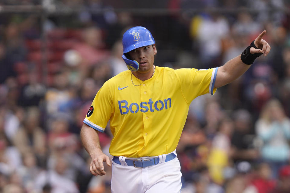 Boston Red Sox's Triston Casas celebrates after scoring on a single by Enrique Hernandez in the fourth inning of a baseball game against the Baltimore Orioles, Thursday, Sept. 29, 2022, in Boston. (AP Photo/Steven Senne)