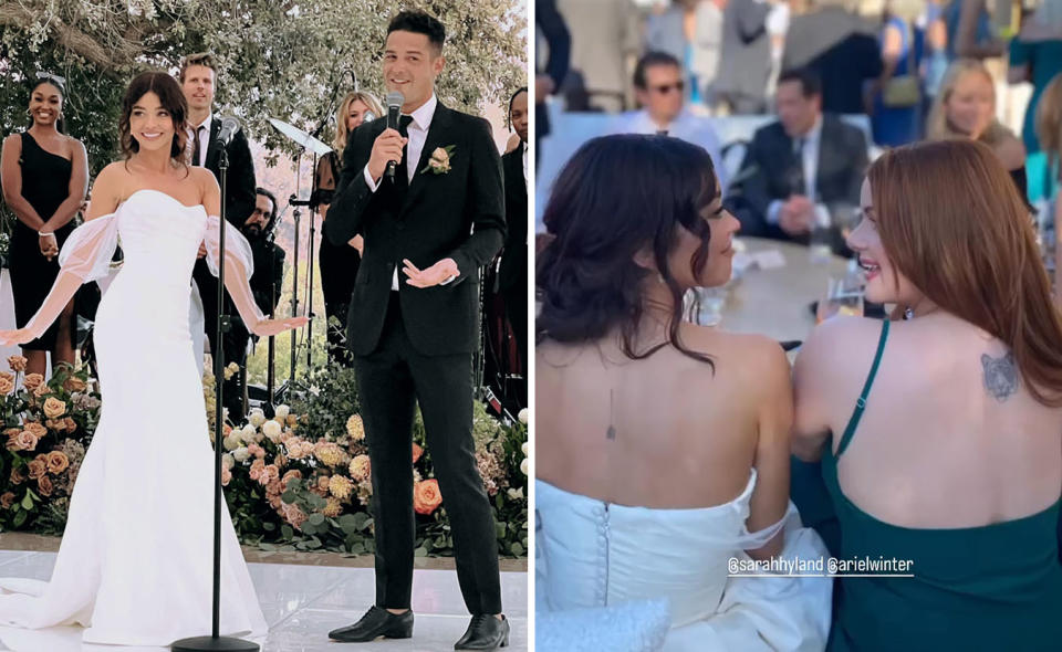 L: Sarah Hyland and Wells Adams give a speech at their wedding. R: Sarah Hyland and Ariel Winter chat at the wedding