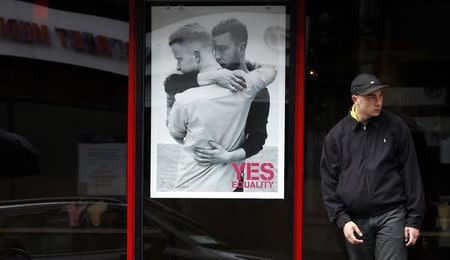 A restaurant displays a poster supporting the Yes vote, in the Caple Street area of Dublin in Ireland May 18, 2015. REUTERS/Cathal McNaughton