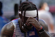 Cravon Gillespie, of United States reacts after finishing a semifinal of the men's 4 x 100-meter relay at the 2020 Summer Olympics, Thursday, Aug. 5, 2021, in Tokyo, Japan. (AP Photo/Francisco Seco)