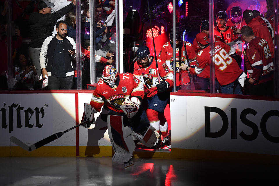 Florida Panthers goaltender Sergei Bobrovsky (72) leads the team onto the ice before Game 1 of the NHL hockey Stanley Cup Finals against the Edmonton Oilers Saturday, June 8, 2024, in Sunrise, Fla. (AP Photo/Michael Laughlin)