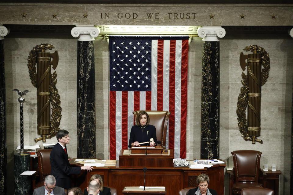 House Speaker Nancy Pelosi of Calif., holds the gavel as House members vote on the article II of impeachment against President Donald Trump, Wednesday, Dec. 18, 2019, on Capitol Hill in Washington. (AP Photo/Patrick Semansky)