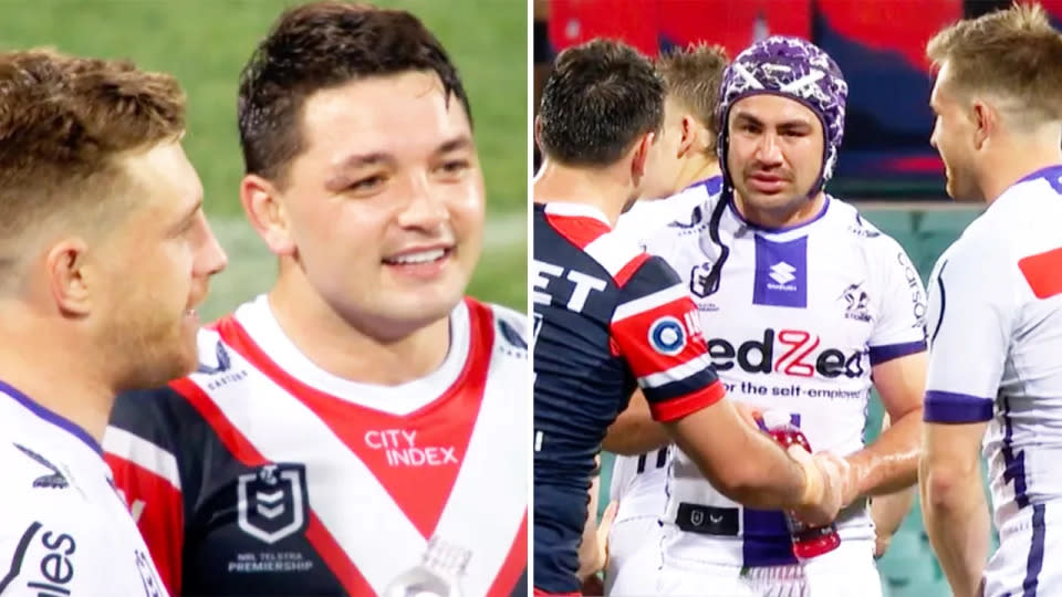 Roosters hooker Brandon Smith copped criticism in 2023 for joking with former Melbourne Storm teammates after his team lost the match in the NRL. Pic: Fox League