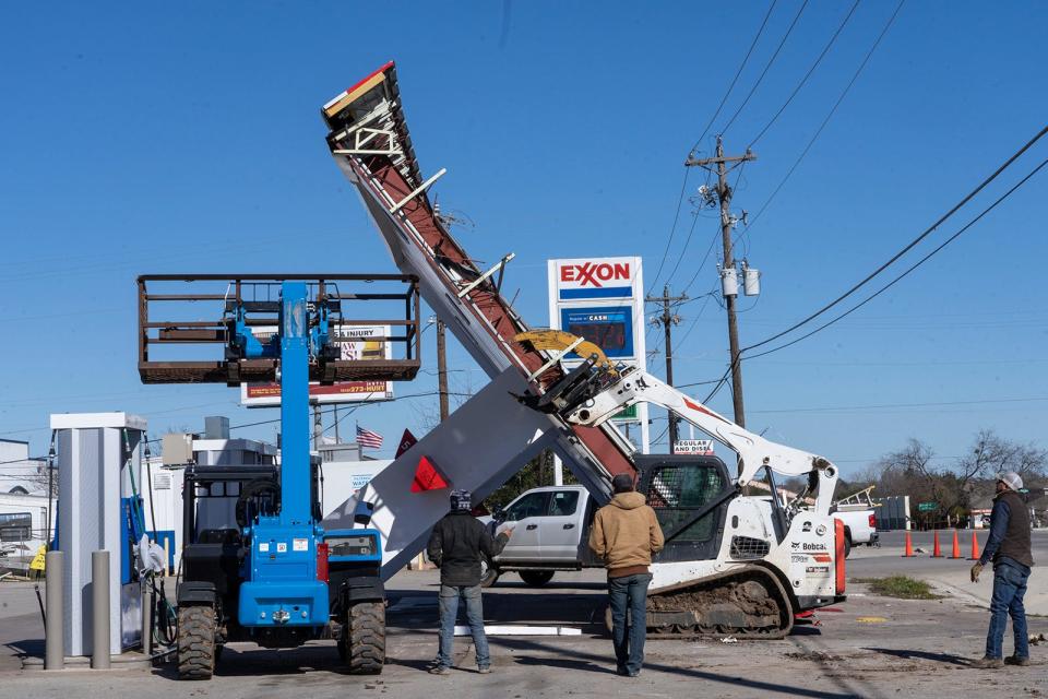 Strong winds Monday night toppled a gas station canopy along Menchaca Road in South Austin.