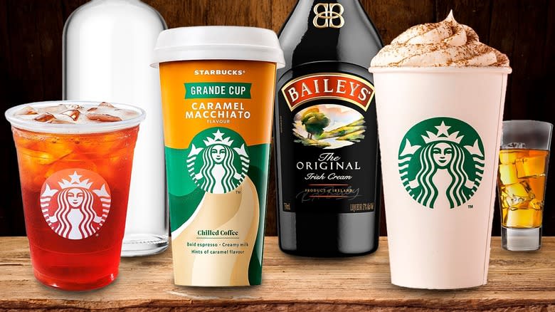 various Starbucks drinks and liquors