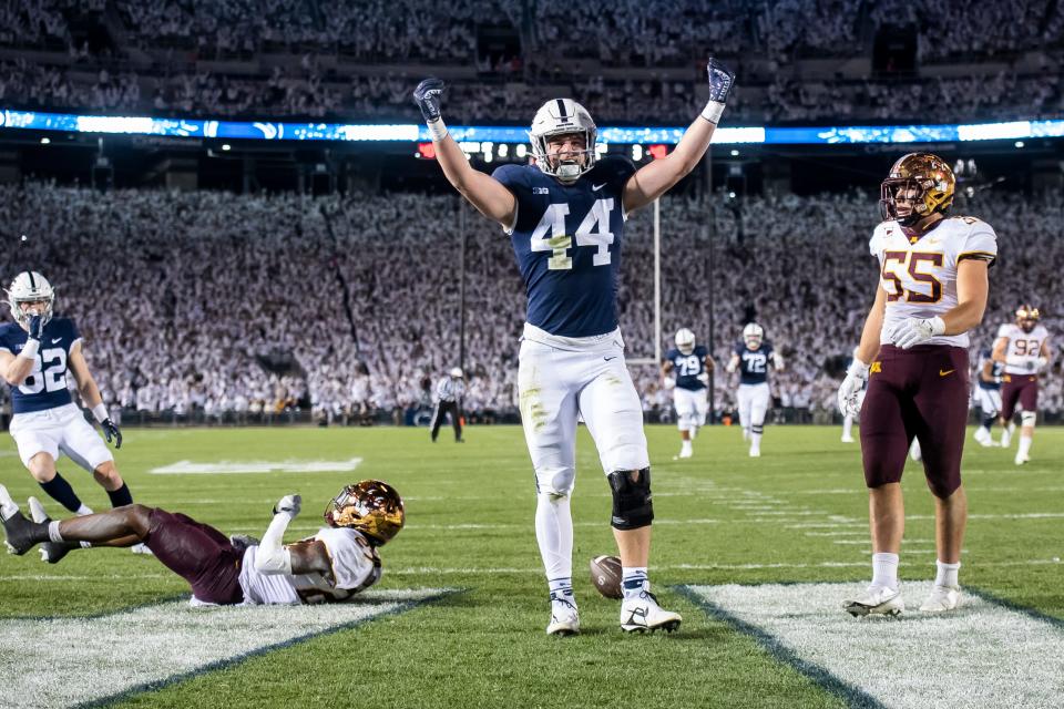 Penn State's Tyler Warren reacts after scoring a 38-yard receiving touchdown in the second quarter against Minnesota in a White Out game at Beaver Stadium on Saturday, Oct. 22, 2022, in State College.