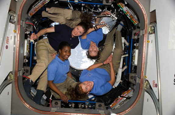 Four women serving together on the International Space Station on April 14, 2010, represented the highest number of women in space simultaneously. Clockwise from lower right are NASA astronauts Dorothy Metcalf-Lindenburger, Stephanie Wilson, bo