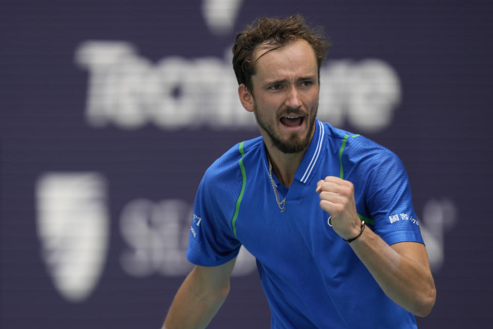 Daniil Medvedev celebrates as he wins a point to put him at match point, on his way to defeating Christopher Eubanks in their quarterfinal match at the Miami Open tennis tournament, Thursday, March 30, 2023, in Miami Gardens, Fla. (AP Photo/Rebecca Blackwell)