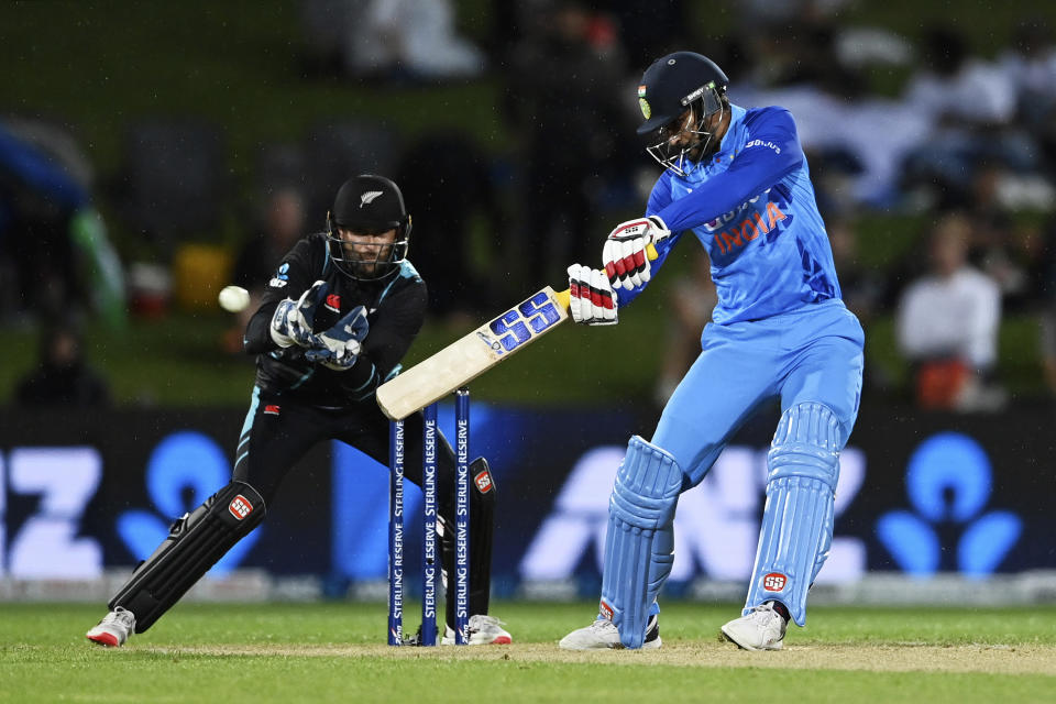 India's Deepak Hooda bats against New Zealand during their T20 cricket international in Napier, New Zealand, Tuesday, Nov. 22, 2022. (Andrew Cornaga/Photosport via AP)