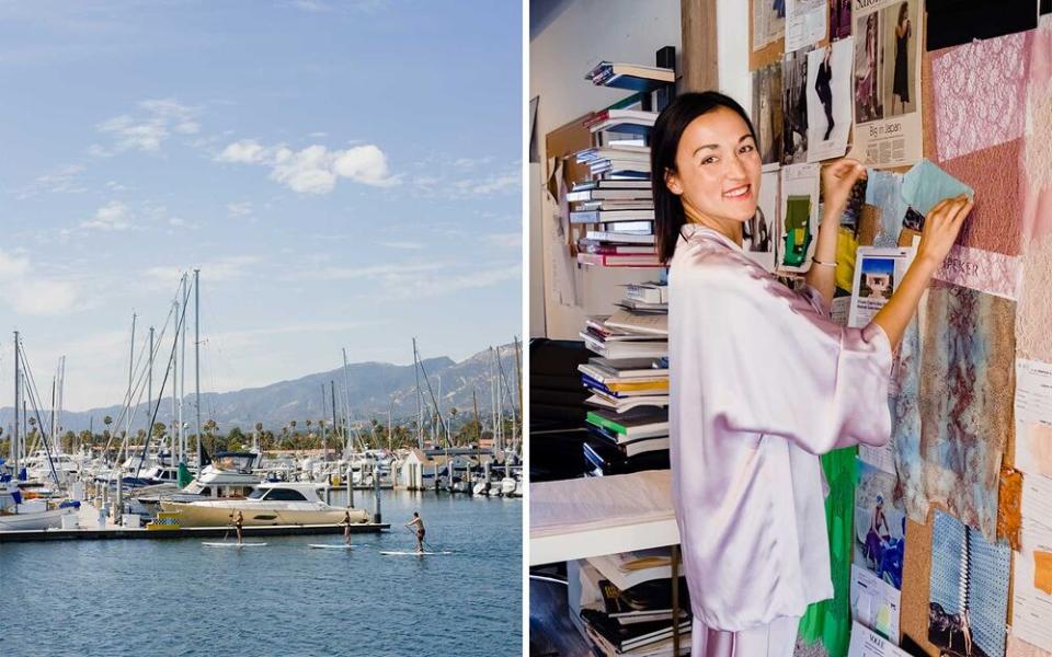 From left: Paddleboarding in Santa Barbara Harbor; clothing designer Catherine Gee at her boutique in Laguna. | Oriana Koren