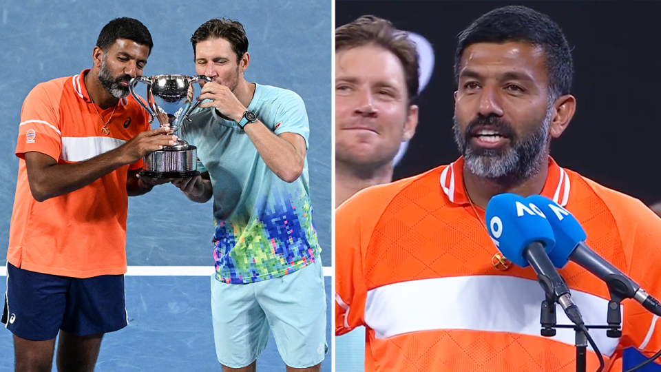 Rohan Bopanna and Matt Ebden celebrate and Bopanna smiles.