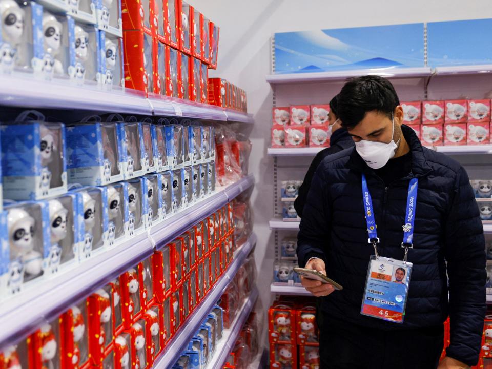 Bing Dwen Dwen and Shuey Rhon Rhon, mascots of the Beijing 2022 Winter Olympics and Paralympics, are displayed at a souvenir shop at the Main Press Centre ahead of the Beijing 2022 Winter Olympics, in Beijing, China January 26, 2022. Picture taken January 26, 2022.