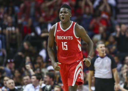 Nov 9, 2017; Houston, TX, USA; Houston Rockets center Clint Capela (15) reacts after scoring a basket during the fourth quarter against the Cleveland Cavaliers at Toyota Center. Mandatory Credit: Troy Taormina-USA TODAY Sports