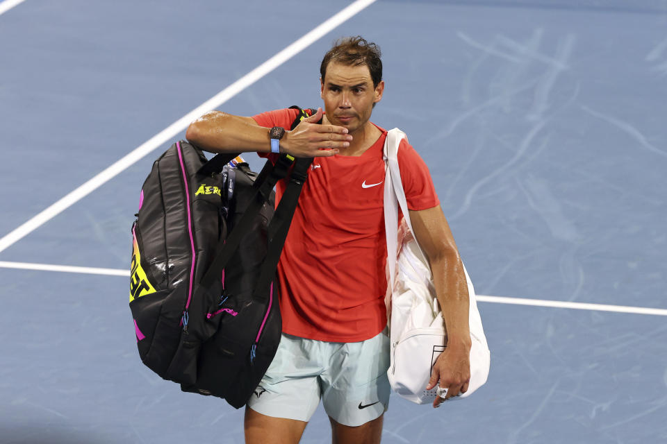 Rafael Nadal of Spain blows a kiss to the crowd after he lost his quarter-final match against Jordan Thompson of Australia during the Brisbane International tennis tournament in Brisbane, Australia, Friday, Jan. 5, 2024. (AP Photo/Tertius Pickard)