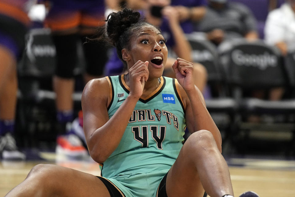 New York Liberty guard/forward Betnijah Laney reacts after getting called for a foul against the Phoenix Mercury during the second half in the first round of the WNBA basketball playoffs, Thursday, Sept. 23, 2021, in Phoenix. Phoenix won 83-82. (AP Photo/Rick Scuteri)