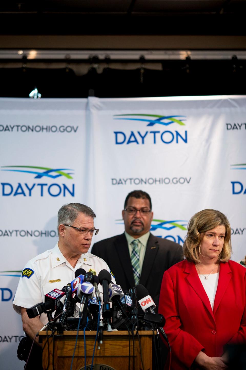Dayton Police Chief Richard Biehl and Dayton Mayor Nan Whaley answer questions at a press conference at the Dayton Convention Center Monday, August 5, 2019, the day after a gunman killed nine people and injured 27.