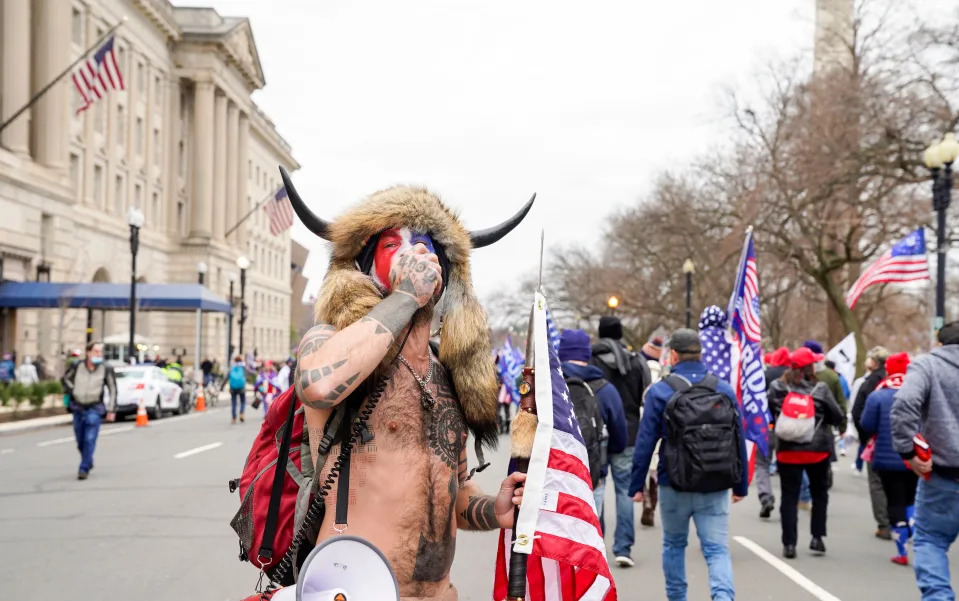 Jake Angeli, also known and Jacob Chansley, from Phoenix, at the Capitol on the day Congress met to ratify Joe Biden as the winner of the 2020 presidential election. He was later sentenced to a multi-year prison term for his role in the insurrection.