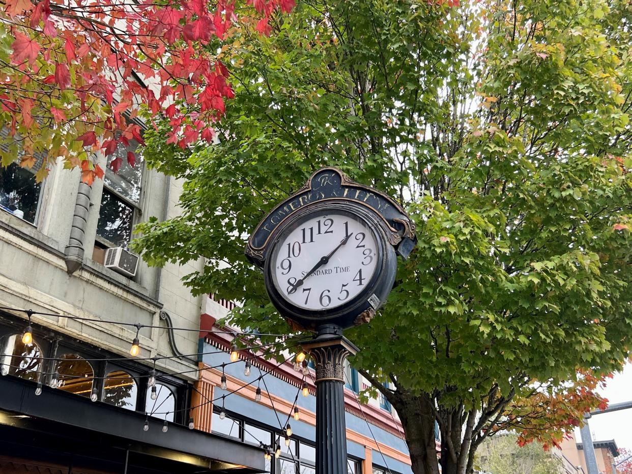 The historic Pomeroy & Keene clock on State Street in downtown Salem.