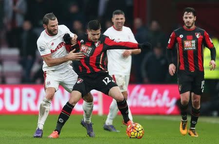 Football Soccer - AFC Bournemouth v Stoke City - Barclays Premier League - Vitality Stadium - 13/2/16 Bournemouth's Juan Iturbe in action with Stoke City's Erik Pieters Mandatory Credit: Action Images / Matthew Childs Livepic