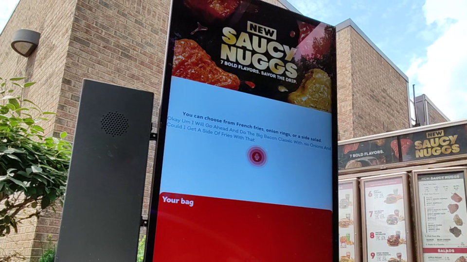 Wendy's FreshAI shows a text copy of what a drive-thru customer says to it. A second screen with the AI's response comes up afterward. (NBC4 Photo/Mark Feuerborn)