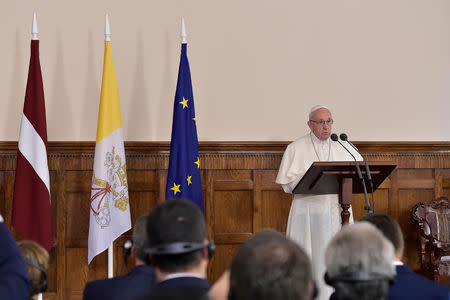 Pope Francis speaks during a meeting at the Presidential Palace in Riga, Latvia, during the second leg of Pope Francis' trip to the Baltic states September 24, 2018. Vatican Media/Handout via REUTERS