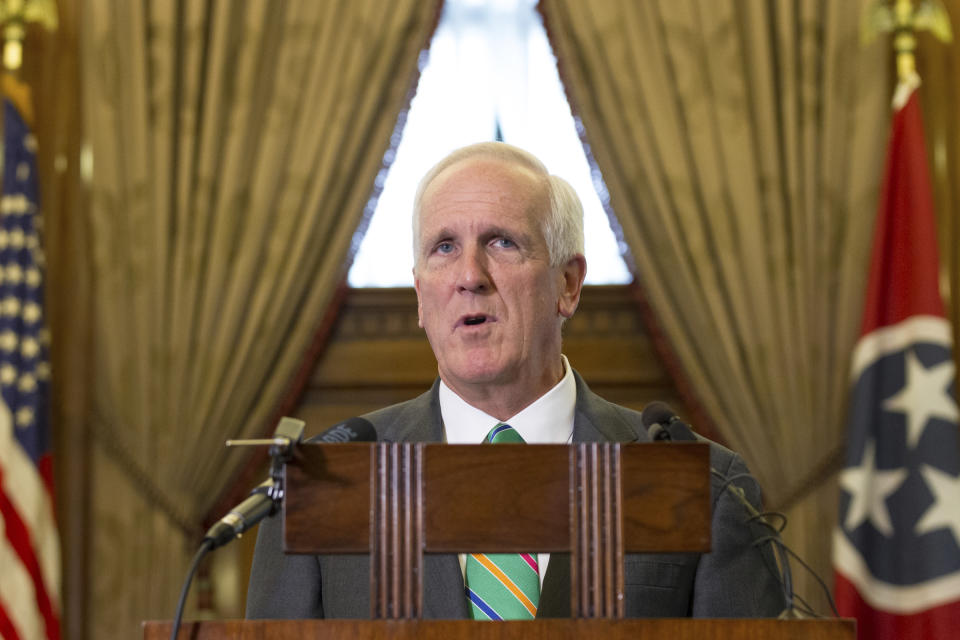 FILE - Herbert Slatery speaks in the Tennessee Supreme Court chamber in Nashville, Tenn., Monday, Sept. 15, 2014. The Republican attorneys general of Kentucky and Tennessee have added their voices objecting to a rule in the $1.9 trillion pandemic relief plan that bars states from using its funds to offset tax cuts. Accusing the federal government of an “unprecedented power grab," Kentucky Attorney General Daniel Cameron and Tennessee Attorney General Herbert Slatery III filed suit Tuesday, April 6, 2021 in a federal district court in Kentucky. (AP Photo/Erik Schelzig)