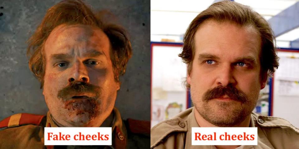 A side-by-side image of David Harbour as Hopper in "Stranger Things" (a white, 47-year-old man) with fake cheeks versus the real actor's cheeks.
