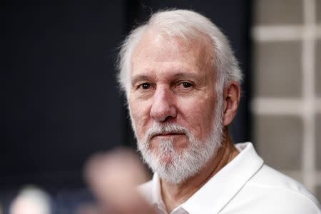 FILE PHOTO: Sep 24, 2018; San Antonio, TX, USA; San Antonio Spurs head coach Gregg Popovich answers questions during media day at Spurs practice facility. Mandatory Credit: Soobum Im-USA TODAY Sports/File Photo