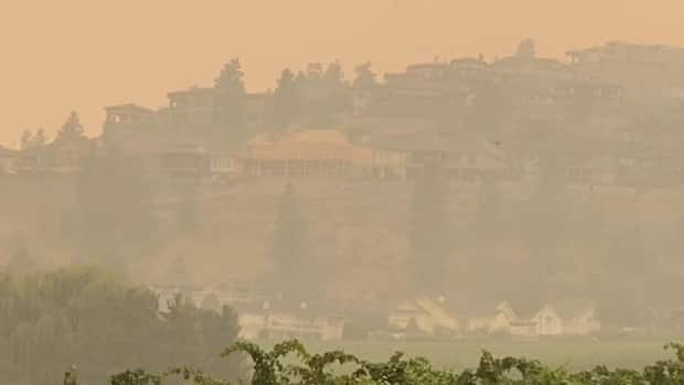 Thick wildfire smoke engulfs the city of Kelowna on Friday, where air quality reached levels 42 times worse than the maximum recommendations of the World Health Organization on Friday. (Tom Popyk/CBC - image credit)