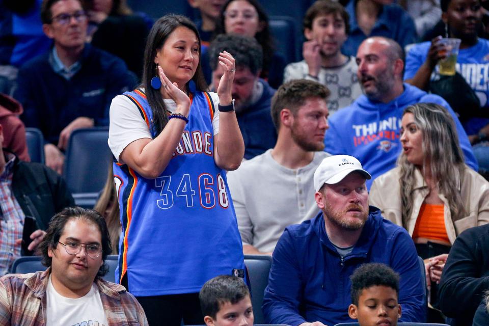 Sharee Farmer is known in the OKC Thunder fan base for her custom jersey, which has the numbers of Kenrich, Jaylin and Jalen Williams on the back.