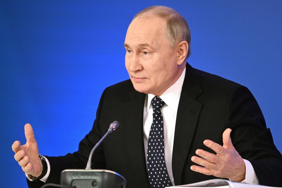 In this pool photograph distributed by the Russian state agency Sputnik, Russia's President Vladimir Putin attends a congress of the Federation of Independent Trade Unions of Russia in Moscow on April 4, 2024. (Photo by Pavel BEDNYAKOV / POOL / AFP) (Photo by PAVEL BEDNYAKOV/POOL/AFP via Getty Images)