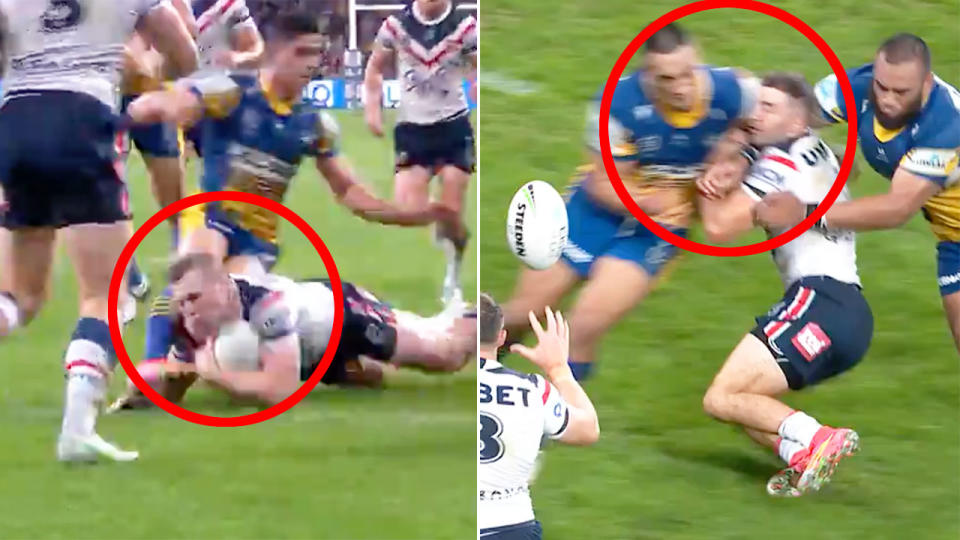 Seen here, two incidents of foul play involving the Parramatta Eels against the Roosters in the NRL.