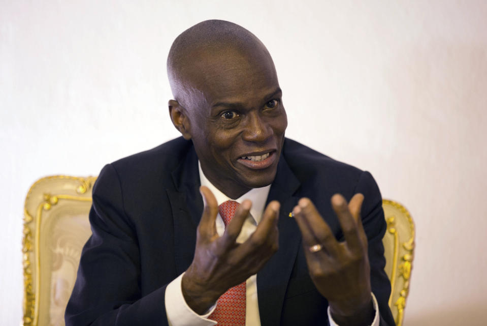 FILE - In this Aug. 28, 2019, file photo, Haiti's President Jovenel Moise speaks during an interview in his office in Port-au-Prince, Haiti. Moïse was assassinated after a group of unidentified people attacked his private residence, the country’s interim prime minister said in a statement Wednesday, July 7, 2021. Moïse's wife, First Lady Martine Moïse, is hospitalized, interim Premier Claude Joseph said. (AP Photo/Dieu Nalio Chery, File)