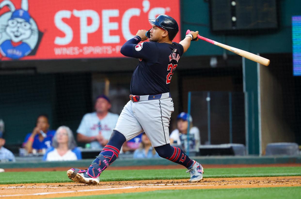 Guardians' Josh Naylor hits a three-run home run during the second inning against the Rangers on May 14 in Arlington, Texas.