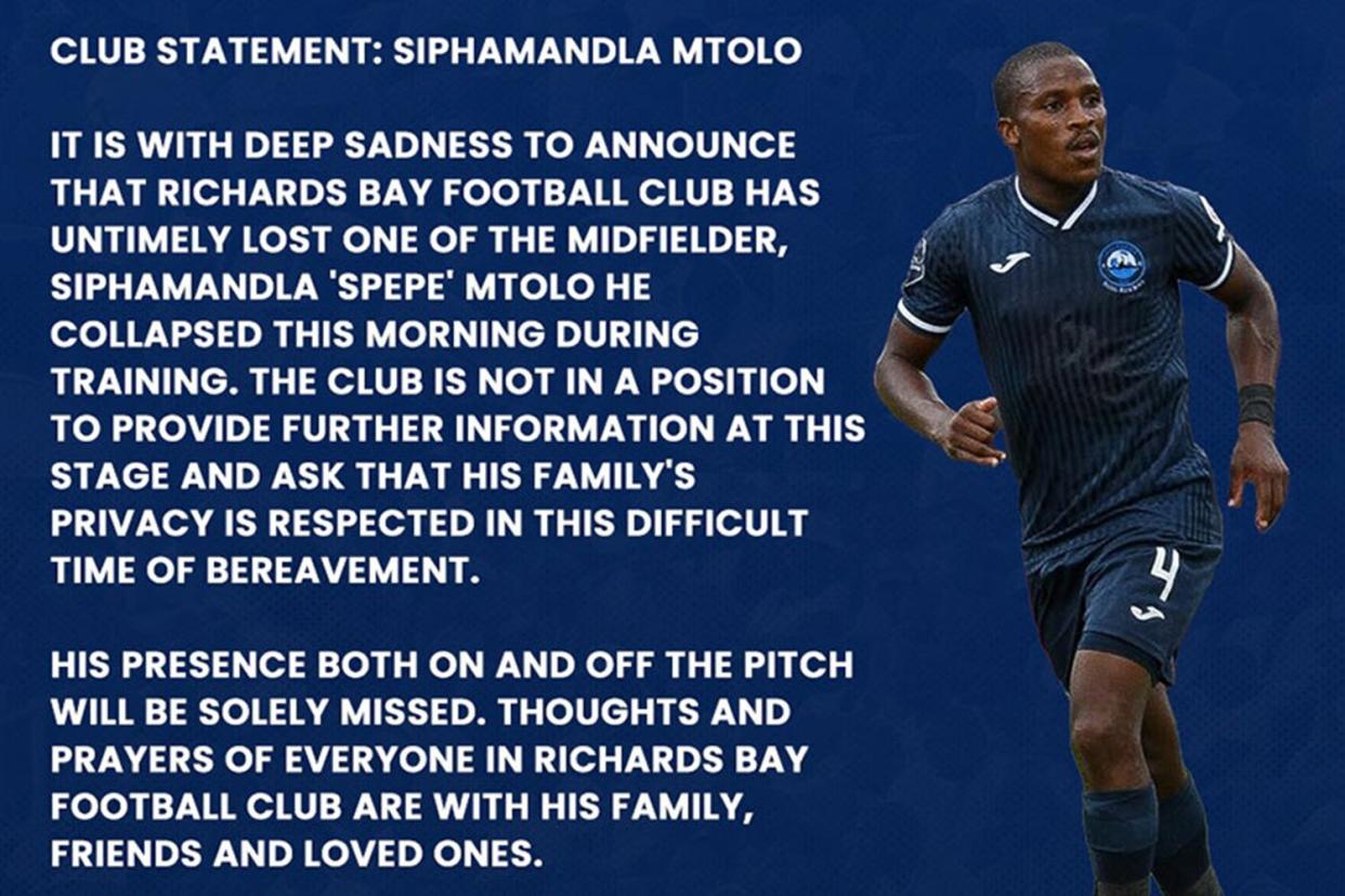 South African Footballer Siphamandla Mtolo, 29, Dies After Collapsing in Practice Request: 1-2 relevant photos of him, one for tout