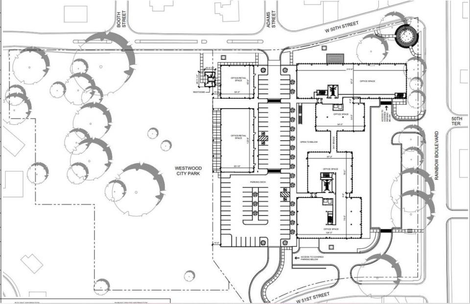 A schematic of Karbank office and retail park proposed for 50th Street and Rainbow Boulevard in Westwood.