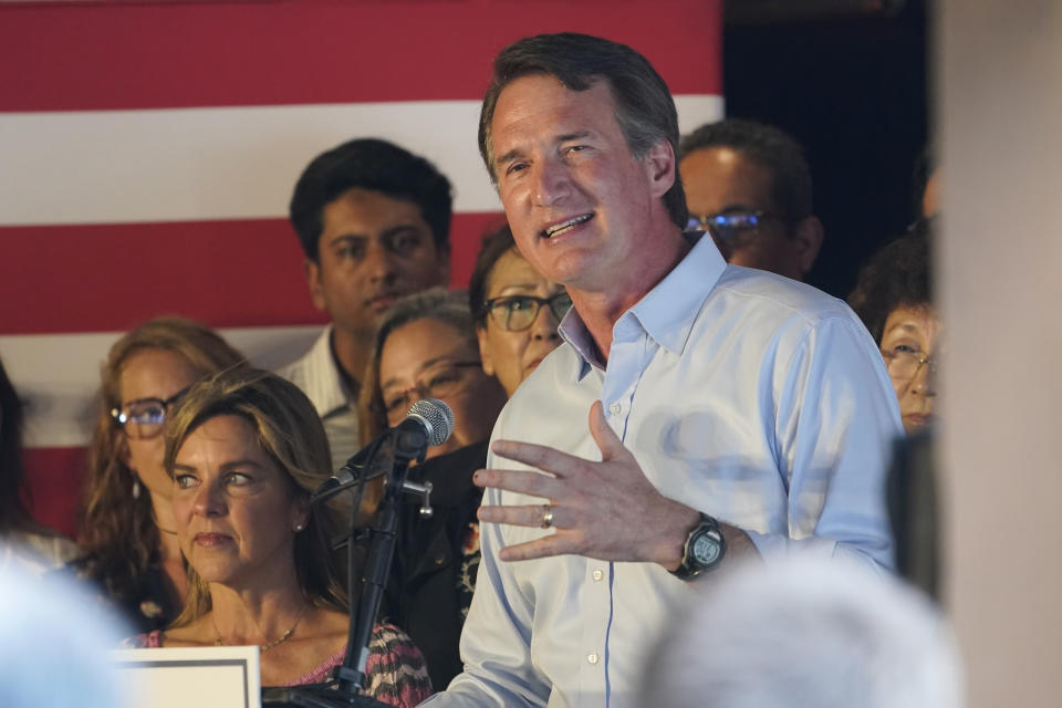 Virginia Gov. Glenn Youngkin delivers remarks as he talks about his budget accomplishments at a restaurant Wednesday, June 22, 2022, in Woodbridge, Va. (AP Photo/Steve Helber)